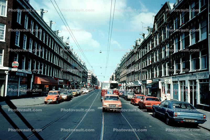 Buildings, cars, shops, automobile, vehicles, 1970s, June 1977