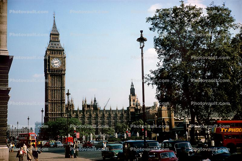 Big Ben, Parliment building, tower, landmark, cars, London, outdoor clock, outside, exterior, building, 1950s