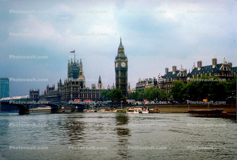 Parliment building, Big Ben Clock Tower, River Thames, landmark, skyline, cityscape, buses, tourboats, 1940s
