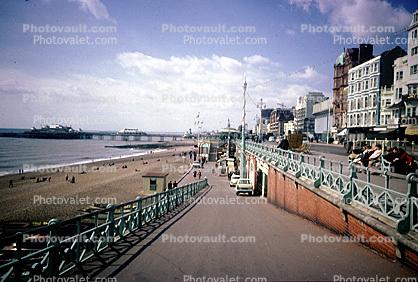 waterfront, ramp, buildings, beach, West Pier, Brighton, England, 1950s