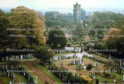 Cemetery, eastern central Scotland, Gardens, trees, 1950s