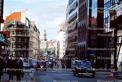 Taxi, street, buildings, cars, London