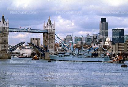 HMS Belfast (C35), Royal Navy light cruiser, Tower Bridge, London, River Thames