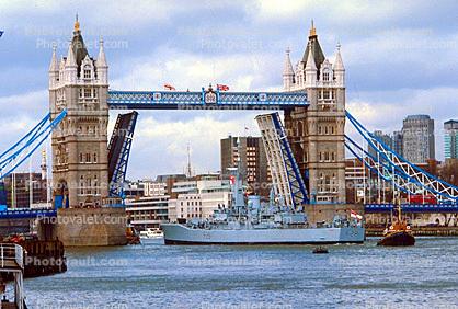 HMS Belfast (C35), Royal Navy light cruiser, Tugboat, Tower Bridge, London, River Thames