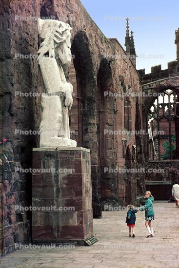 Statue, Girls, Ruins, Coventry, England