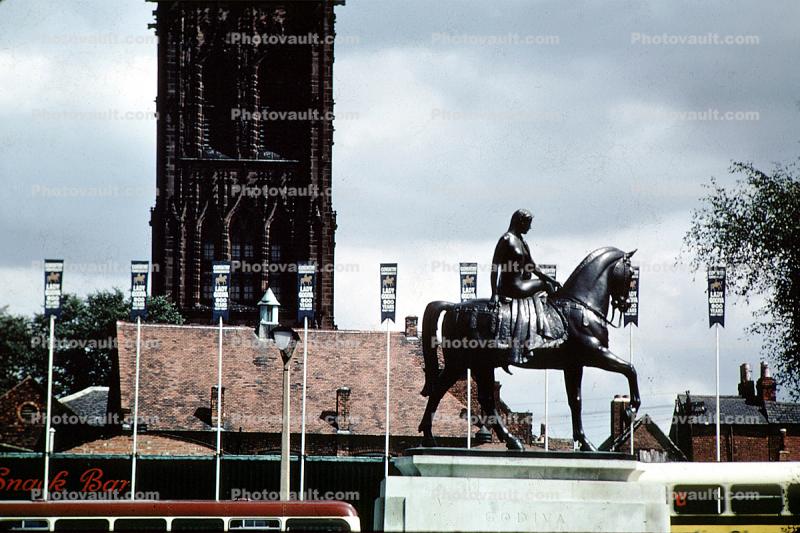 Lady Godiva statue by Sir William Reid Dick, Unveiled at midday on 22 October 1949, Broadgate, Coventry, a ?20,000 gift from Mr WH Bassett-Green, a Coventrian, England, 1940s