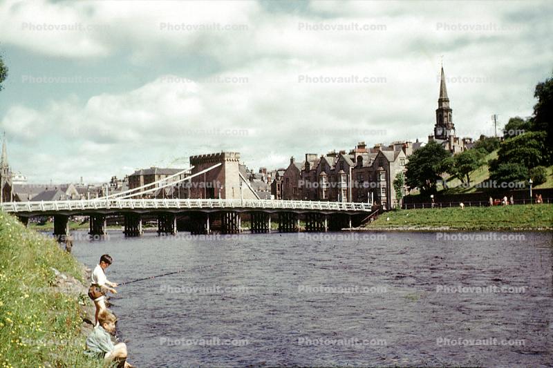 River, Bridge, buildings, landmark, fisherman, boys, Inverness, Scotland