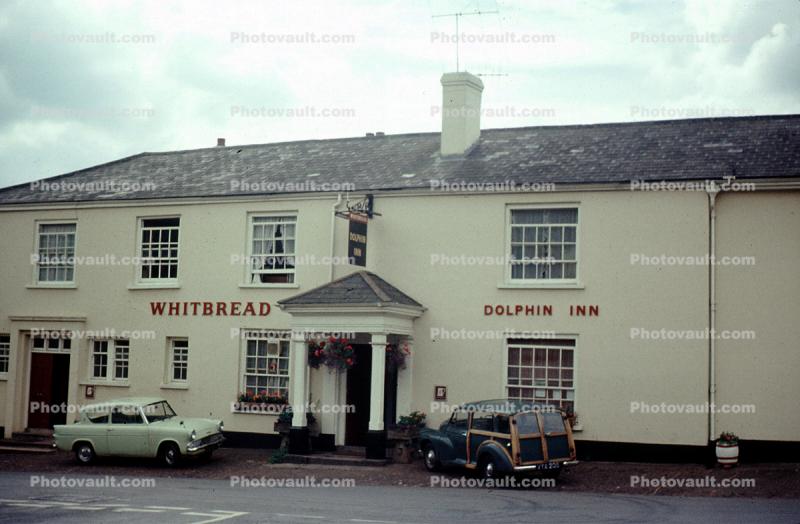 Whitbread Dolphin Inn, mini cars, building, Thorverton, England