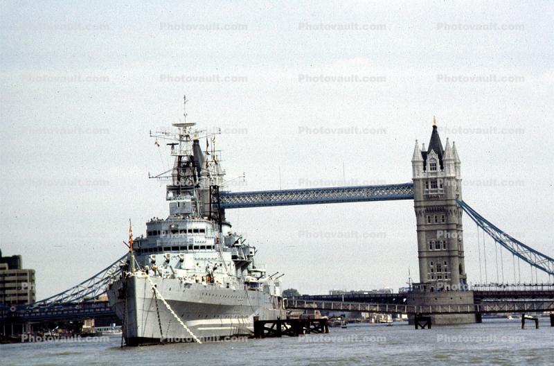 HMS Belfast (C35), Royal Navy light cruiser, Tower Bridge, River Thames, London