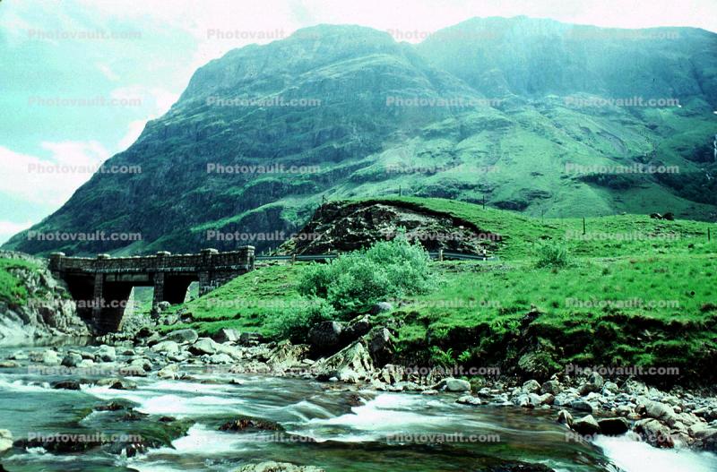 River, hills, mountains, bridge, rocks, Glen Coe, Scotland