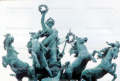 Quadriga, Horses, Statue, Bronze, Chariot