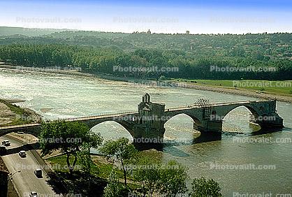 Pont d' Avignon, Saint Benezet, medieval bridge, Chapel of Saint Nicholas, Rhone River, ruins, cars, April 1967, 1960s