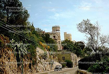 Castle, wall, road, car, buildings, April 1967, 1960s