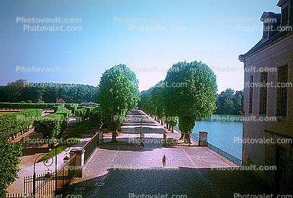 Tree line road, river, water, manicured garden, Chateau, May 1967, 1960s