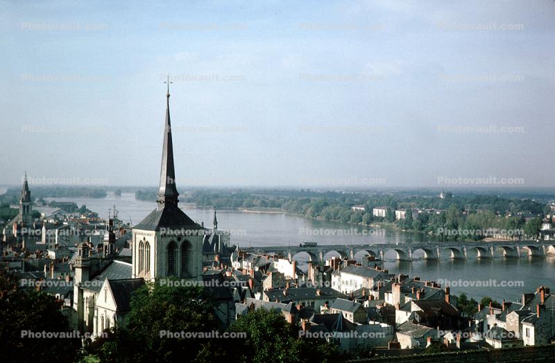 Church, steeple, building, river, bridge, 1950s