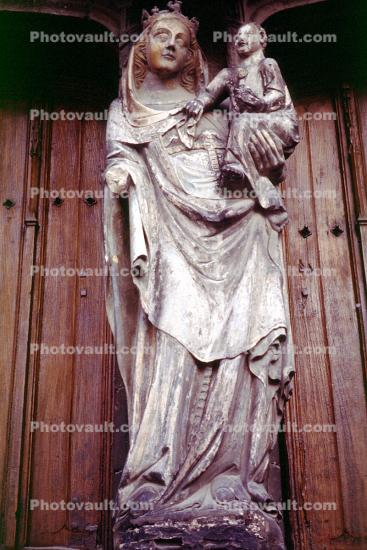 Statue, Statuary, Robes, Stone, Queen, Sculpture, Mother Mary, Madonna and Child