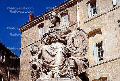 Woman, Statue, Child, Robes, Landmark, Sheild, emblem, crest, female, lady