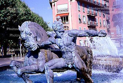 Water Fountain, aquatics, Horse, Man