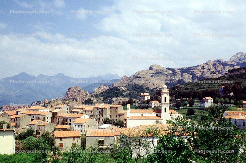 Village, mountains, buildings, Church, tower