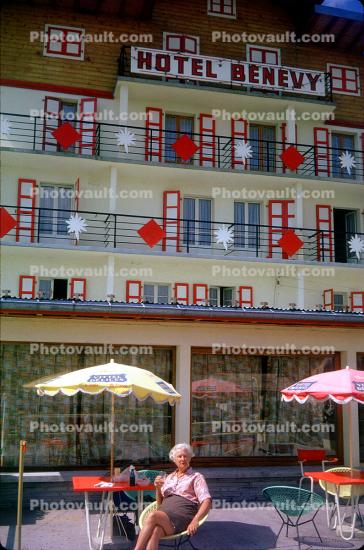 Hotel Benevy, Woman, Cafe, Parasol, Chairs, July 1971, 1970s