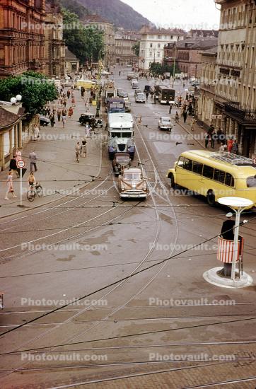 Cars, Automobile, Vehicles, Trolley Tracks, Traffic Police, street, buildings, Chevy, 1950s