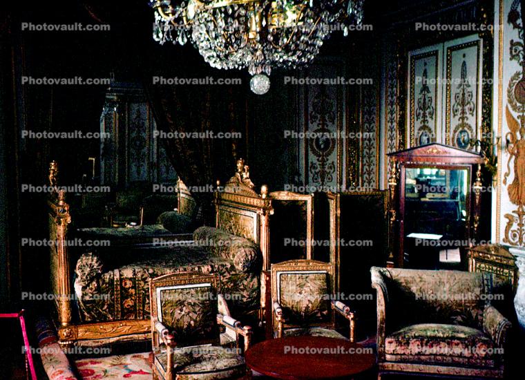 Bed, Chandelier, Chairs, Interior, inside, ornate