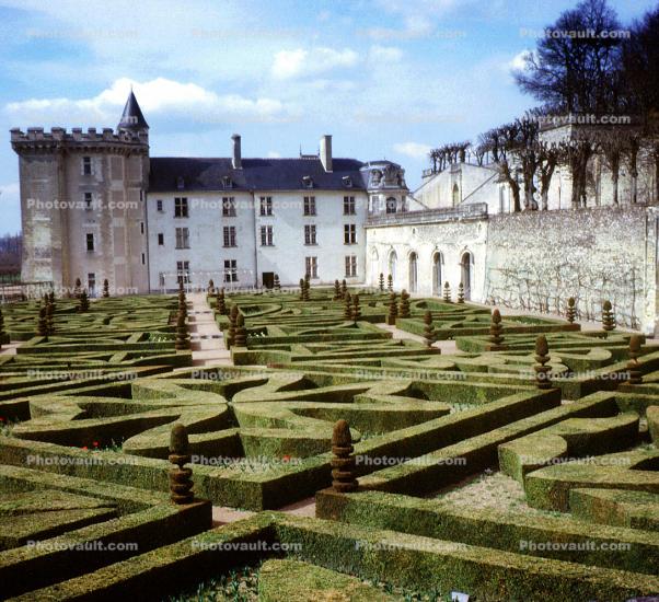 Chateau de Villandry, Garden, Paths, Turret, Tower, Castle, manicured bush, plants, April 1971