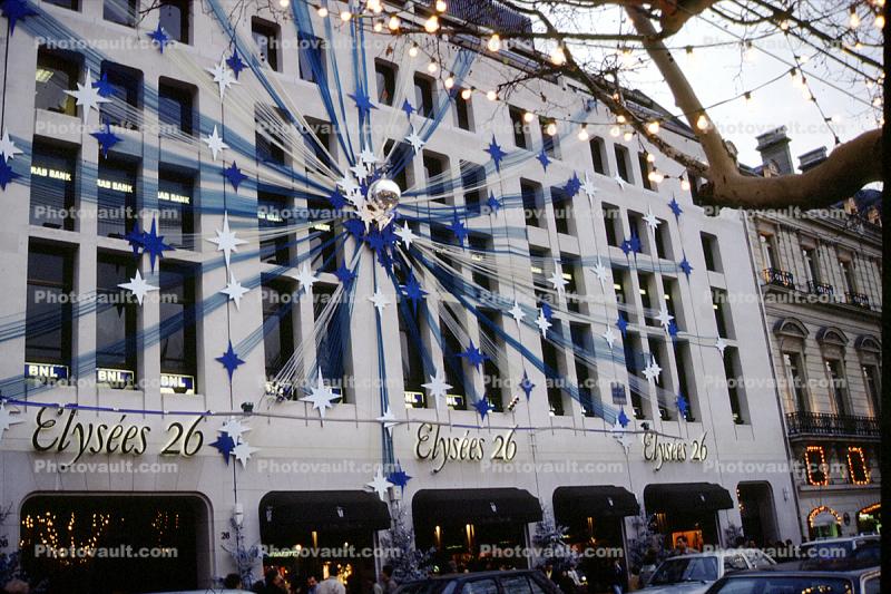 Champs de Elysee, building, shops, Christmas ornament, decoration, stars, December 1985
