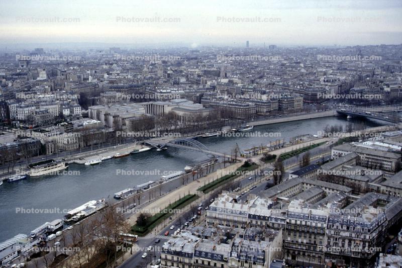 Cityscape, buildings, boats, bridge, River Seine, December 1985