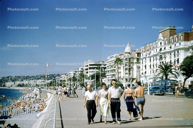 Waterfront, buildings, beach, Nice France, French Riviera, 1956, 1950s