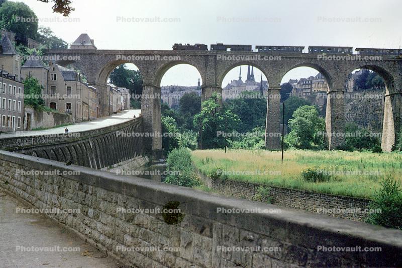Train, Bridge, town, valley, Viaduct, Luxembourg, 1953, 1950s