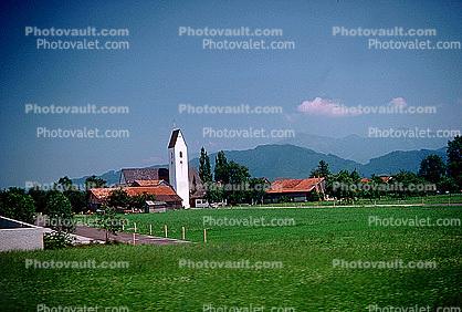 Church Tower, buildings, hills, mountains