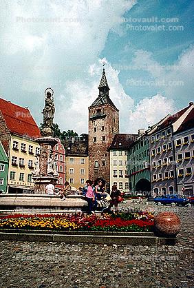 Water Fountain, aquatics, Statue, Buildings, Tower, Town, Landsberg