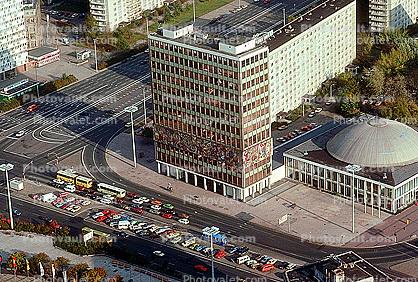 Haus des Lehrers, Berliner Congress Center, Office building, dome roof, street, buses, Otto-Braun Street, Munzstasse, Alexanderplatz, Berlin