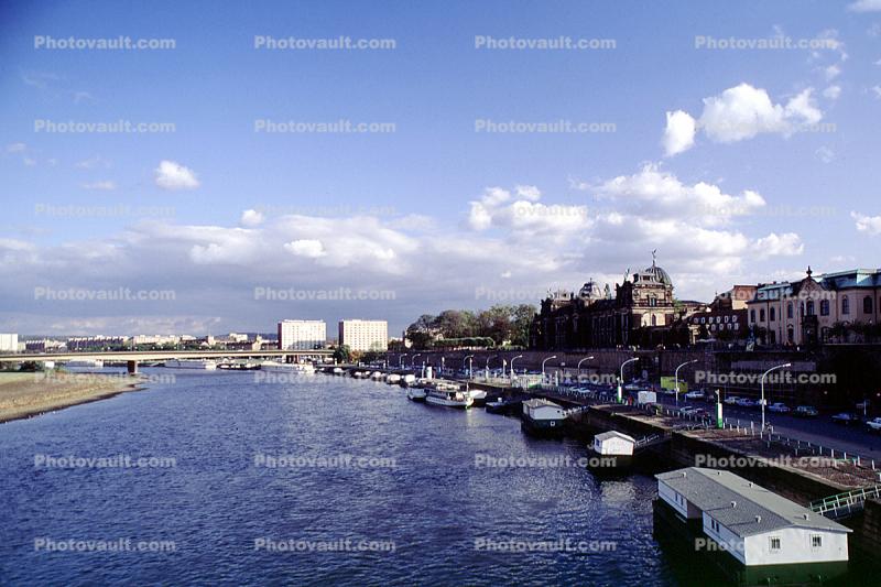 Elbe River, boats, bridge, docks, buildings, river front, Dresden, Riverfront, waterfront, Highrise, shore