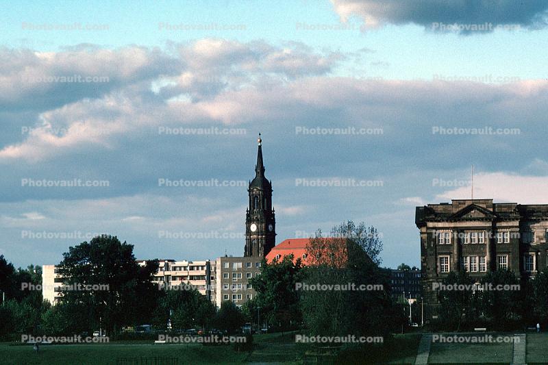 church, steeple, clock tower, buildings, Dresden