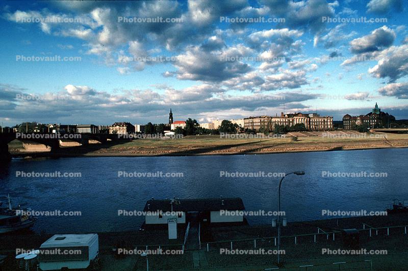 river side, clouds, buildings, bridge, Elbe River, Dresden
