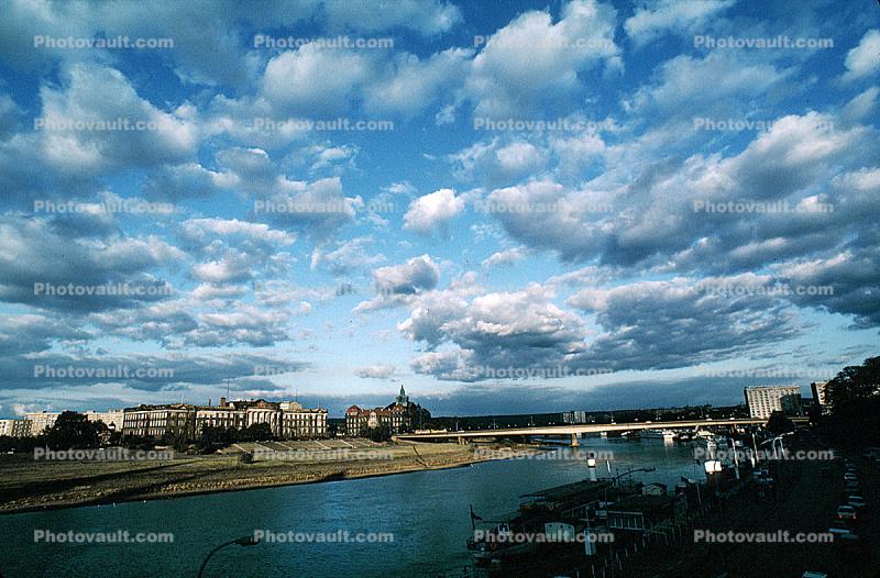 river side, cumulus clouds, buildings, bridge, Elbe River, Dresden
