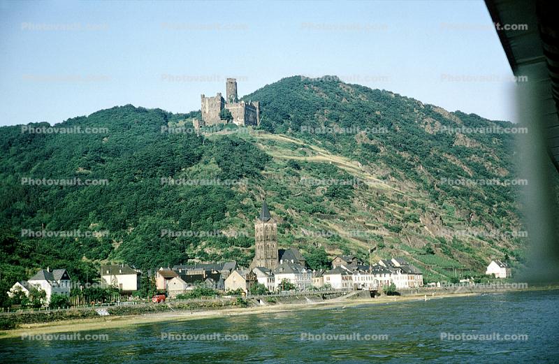 Castle, Church, Cathedral, Homes, Houses, Village, Town, Rhine River, South of Koblenz, (Rhein), 1950s