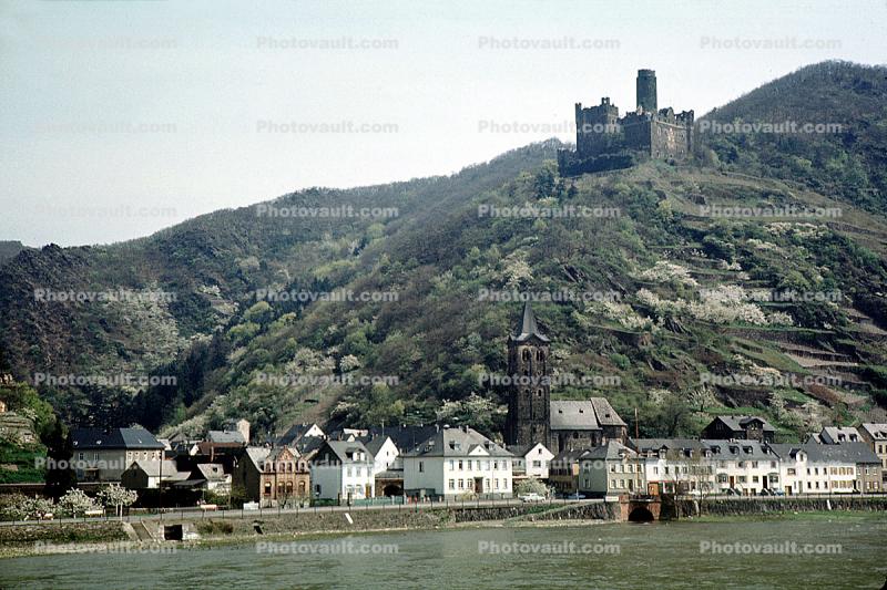 Castle, Homes, Houses, Village, Town, Hilltop, Mountains, Rhine River, (Rhein), May 1970, 1970s