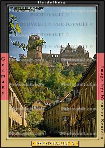 Heidelberg Castle, Heidelberger Schlossruin, K?nigstuhl Hillside, landmark, 1950s
