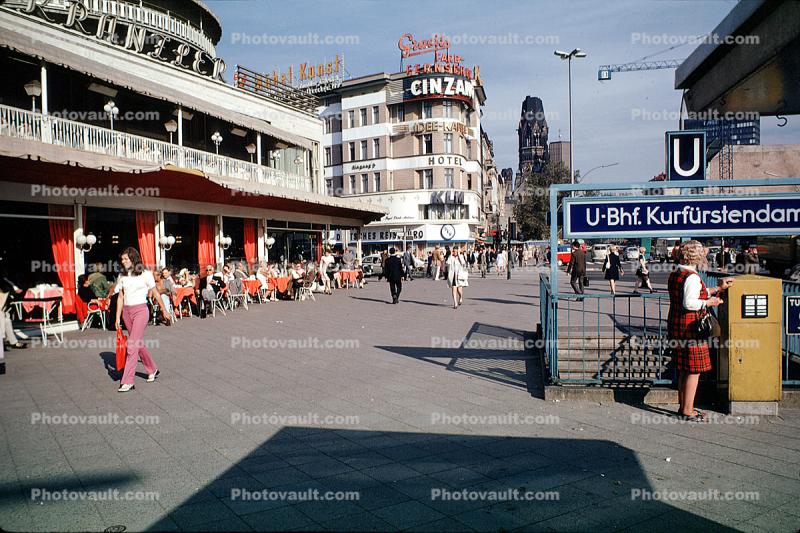 Subway Entrance, buildings, sidewalk cafe, shops, Berlin, 1950s