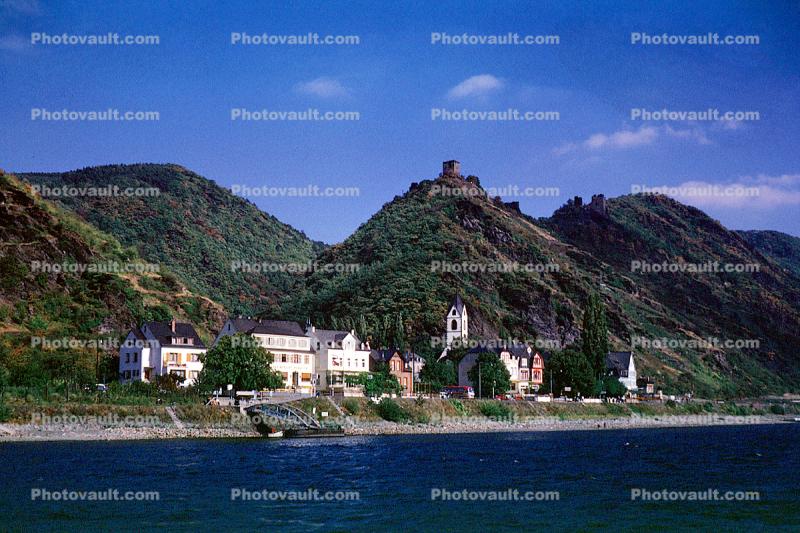 Castle, Homes, Houses, Village, Town, Hilltop, Mountains, Rhine River, (Rhein)