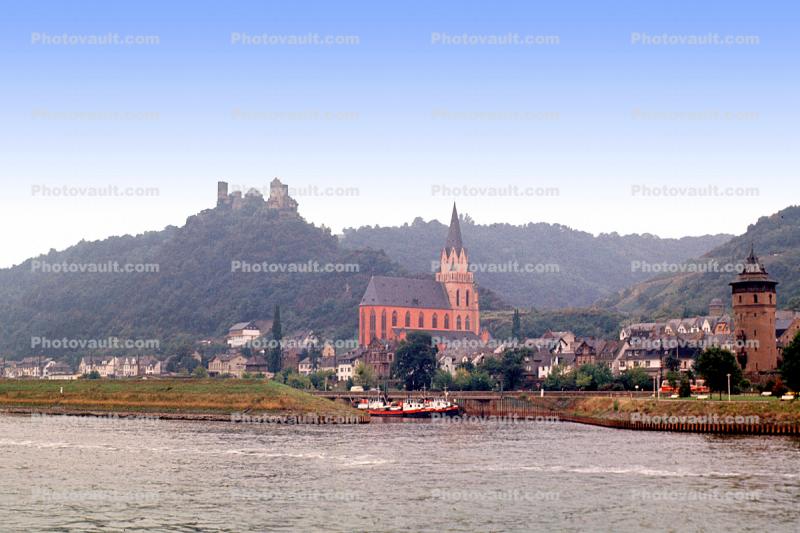 Cathedral, Castle, Homes, Houses, Village, Town, Hilltop, Mountains, Rhine River, (Rhein)