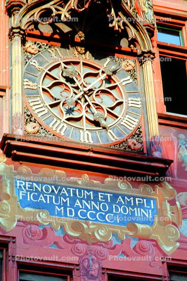 Renovatum Et Ampli Ficatum Anno Domini, MDCCCCI, Clock Tower, Ornate, opulant, outdoor clock, outside, exterior, building, roman numerals