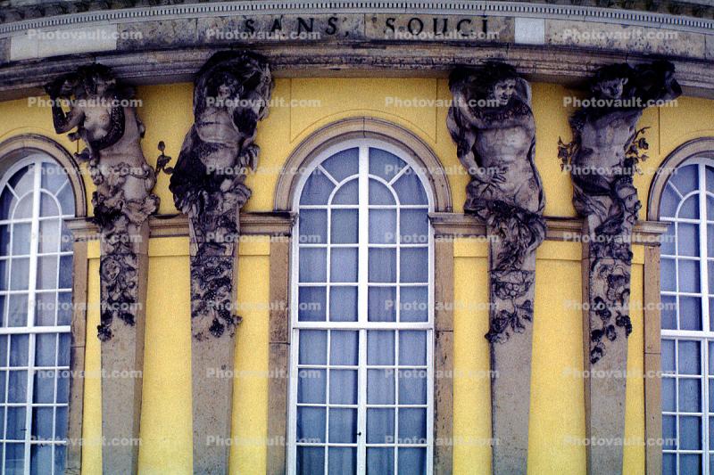 Sanssouci, Architectural detail from the central bow of the garden facade, Atlas and Caryatids, Potsdam, sculpture, statue, Berlin
