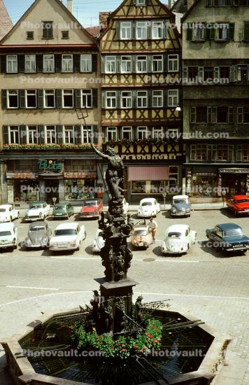 Water Fountain, cars, homes, houses, buildings, 1950s