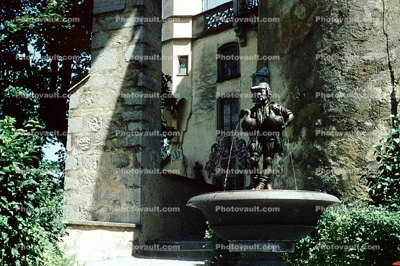 Water Fountain, aquatics, Statue, men with ducks, building, castle, Constance, Konstanz, 1950s