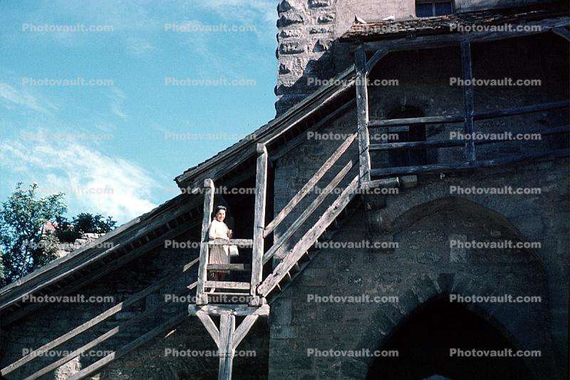 Wooden Stairs, Wall, Rothenburg ob der Tauber, Bavaria, Middle Franconia, Ansbach