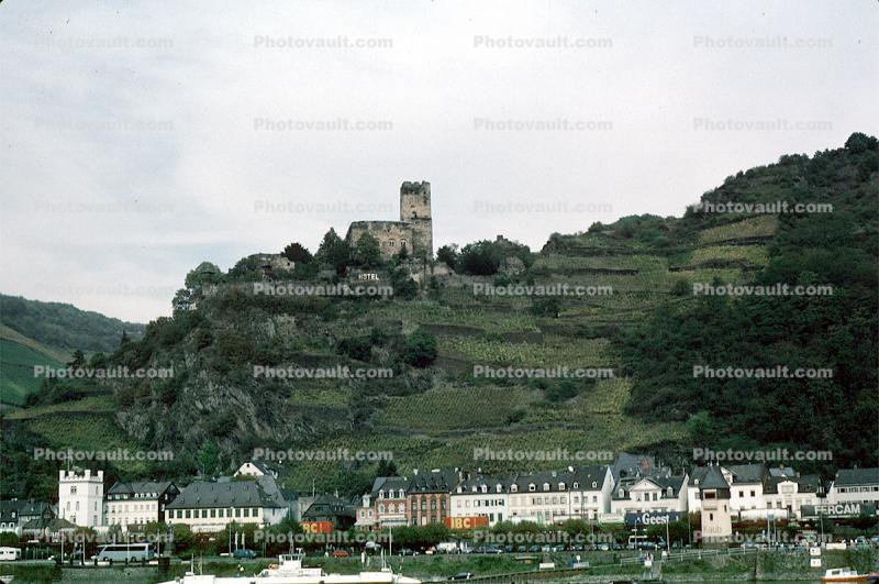 Castle, Homes, Houses, Village, Town, Hilltop, Mountains, Rhine River Gorge, (Rhein), Rhine River